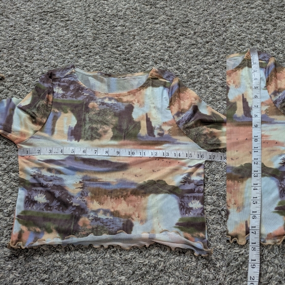 Green Orange Mesh Abstract Nature Long Sleeve Crop Top M - Picture 7 of 7